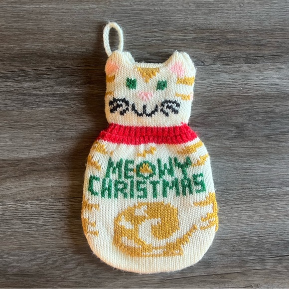 Vintage Retro Knit Kitchy Christmas Cat Wine Bottle Holder Bag